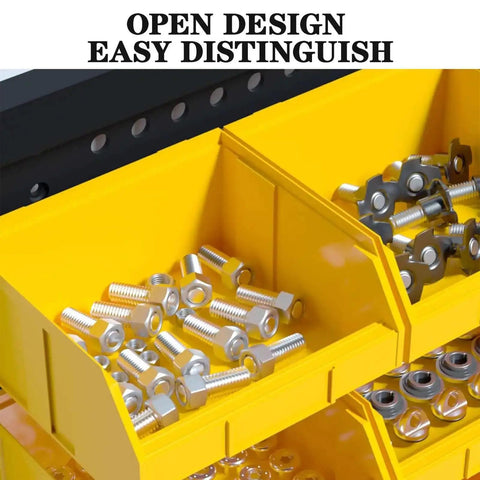 Close-up of yellow bins filled with nuts and bolts in a Wall Mounted Storage Bins 30 Compartment Tool Organizer Rack for tools.