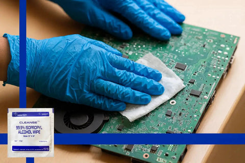 Gloved hand using 99.9 Percent Isopropyl Alcohol Wipes For Electronics And Screens 50 Count 6x5in to clean a circuit board