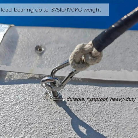 20 Pack M8 By 105mm Expansion Eyebolts In 304 Stainless Steel installed on concrete surface, securing a rope, load bearing up to 375 LB (170 KG)