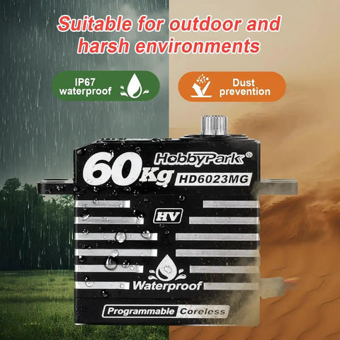 Waterproof 60Kg High Torque RC Servo With Metal Gears HV 8.4V shown in rainy and dusty environment