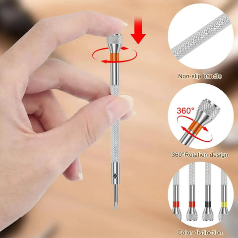 Hand holding tool from 39 Piece Pro Grade Precision Watch Screwdriver Set With Flat And Cross Head Micro Drivers From 0.6 mm To 2.0 mm High Hardness Steel Jeweler Tools For Watches Glasses Jewelry Electronics Repair