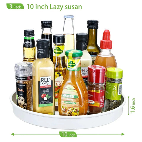 10 Inch Lazy Susan Organizer Set Amolliar 3 Pack with spices and bottles, white rotating turntable for kitchen storage