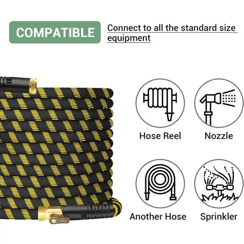 HIGH QUA non-expanding garden hose, yellow/black fabric, brass connectors, jet nozzle, 100 ft