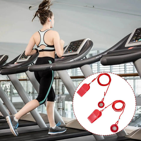 Two Pack Treadmill Magnetic Safety Keys Replacement with red emergency stop keys on treadmill, universal round design, ABS construction.