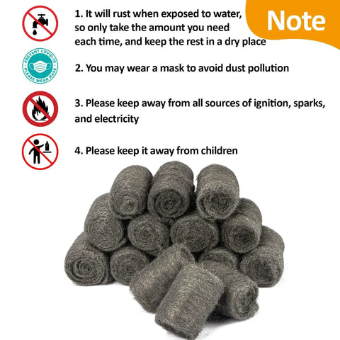 Extra Fine 0000 Steel Wool Pads Set For Wood Glass Polishing 15 Pack with safety instructions displayed above