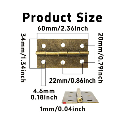 Antique Bronze Mini Folding Butt Hinges 12 Pack For Wood Doors And Small Boxes 60x34mm Pre Drilled With Screws size diagram
