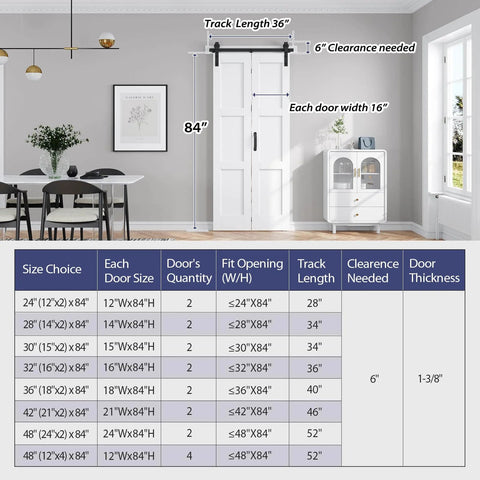 Double 16x84 White Bifold Barn Door Set With 36 Inch Hardware Track Kit Included for Closet, showing dimensions and installation.