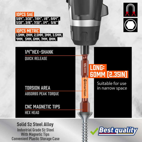 Pro Grade 20 Piece Hex Bit Drill Set In S2 Steel With Magnetic Tips, Metric And SAE Hex Bits, 2.3 Inch Long, Side View