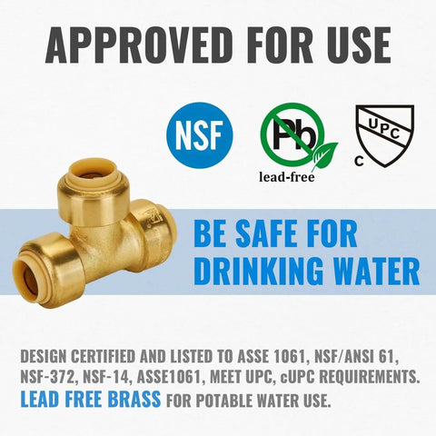 Half Inch Push To Connect Tee Fittings Pack Of 2 No Lead Brass Tee Connector For PEX Copper And CPVC Plumbing UPC And CUPC Certified ASSE 1061 NSF ANSI 61 With One Disconnect Clip For Quick Easy Installations brass fitting with NSF certification logo