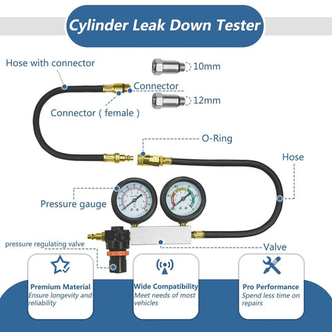 Diagram of Universal Cylinder Leak Down Tester Kit with dual pressure gauges, hoses, connectors, and regulating valve for 4-stroke engines.