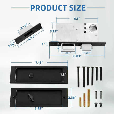 Modern Pocket Door Hardware Set With Privacy Lock, black finish, dimensions and components shown, durable zinc alloy.