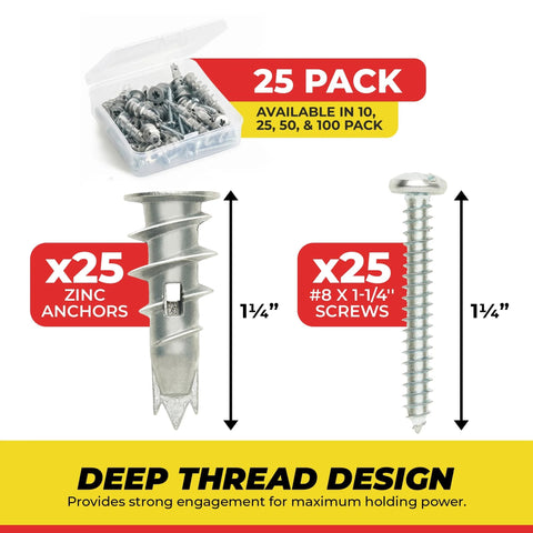 Zinc Self Drilling Drywall Anchors Kit With Screws, Heavy Duty Hollow Wall Anchors With Wide Screw Fins And Stainless Steel Screws, Easy Installation No Pre Drill Required, Ideal For Mounting Shelves And Frames In Drywall, 25 Pack shown with dimensions