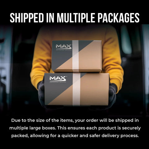 Two large packages labeled MAX being held by a person in a delivery van, illustrating multi-package shipping.