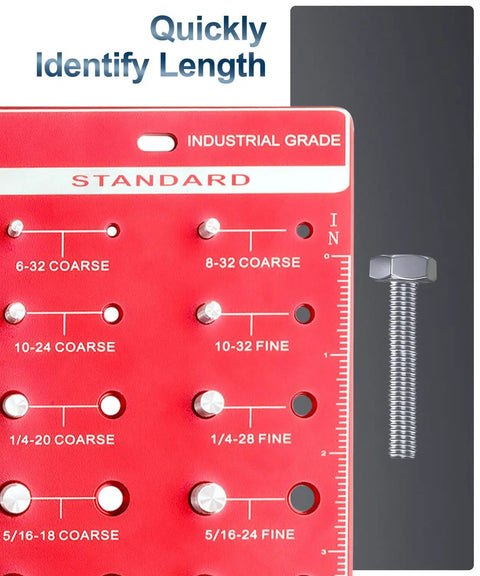 Nut And Bolt Thread Checker And Identifier Board With 14 Standard And 14 Metric Gauges For Quick Size And Thread ID, showing standard thread sizes.