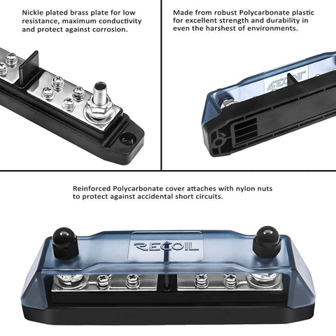 Rugged Bus Bar Power Distribution Block For DIY Wiring With Two 5/16 Inch Studs Eight Screw Terminals Ring Terminals Insulated Polycarbonate Cover And Nylon Nuts For Short Circuit Protection 300V AC Max shown from various angles highlighting screw terminals, studs, and durable polycarbonate cover.