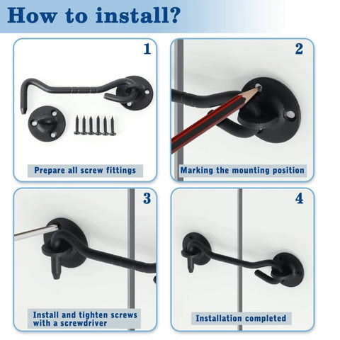 Instruction guide for installing Heavy Duty Privacy Hook And Eye Latch, 4 Inch Long For Barn Doors, Gates, Cabinets And Windows