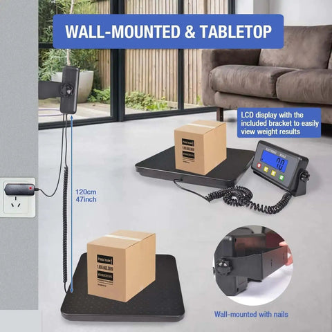 Heavy Duty Digital Postal Scale With 11.8 By 11.8 Inch Aluminum Anti Slip Platform, 440 Lb Capacity, wall-mounted and tabletop display