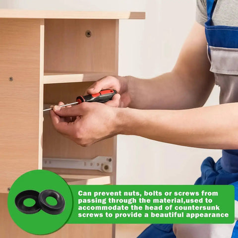Person assembling furniture using Black Finish Stainless Steel Countersunk Cup Washers Set, Heavy Duty 304 Stainless.