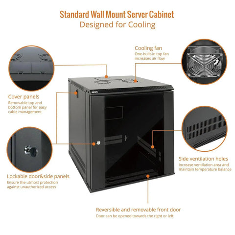 12U Wall Mount Server Cabinet With Lockable Glass Door And Side Panels Space-Saving 24.25 Inch High With Cooling Fan