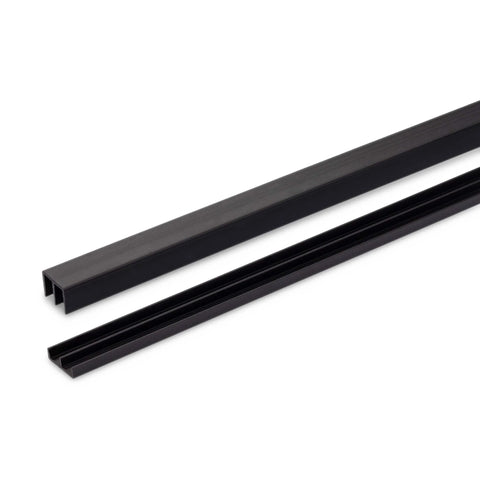 Four Foot Long Plastic Sliding Door Track Kit With Upper And Lower Tracks Super Easy Setup No Extra Hardware Needed Cut To Size For Quarter Inch Panels Black Finish Durable And Smooth Operation For Home Or Office visible; black plastic tracks laid side by side