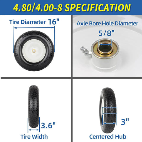 Specifications for 16 Inch Flat Free Solid Tire with 3-inch centered hub and 5/8 inch axle bore, showing dimensions and features.
