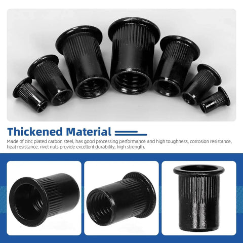 320 Piece Metric Rivet Nuts Kit M3 Through M12 With Flat Head Rivnut Inserts Black Zinc Plated Carbon Steel Assorted Sizes