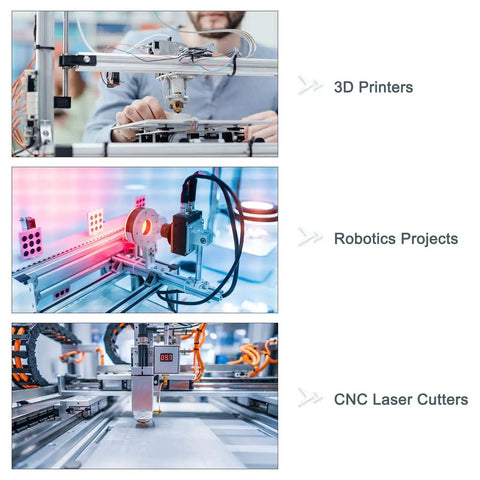 Collage of 3D printers, robotics projects, and CNC laser cutters highlighting 8 Pack Inside Corner Brackets Gussets 38x38x18mm Aluminum Die Cast.