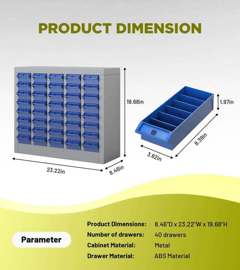 40 Drawer Small Parts Cabinet For Bolts And Nuts, Heavy Duty Steel Frame With ABS Drawers, Label System shown with dimensions
