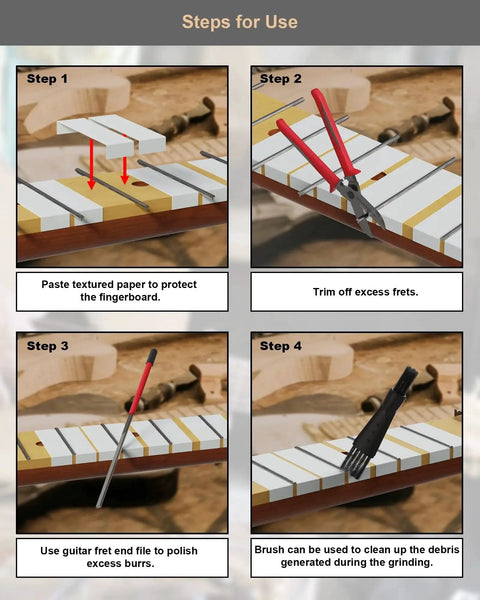 Steps for using Double-Sided Fret End File for Guitar Fret Dressing and Deburring with instructions and images of tools in use.
