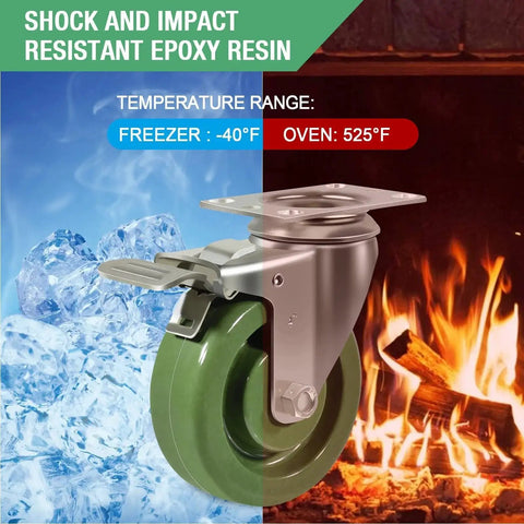 Stainless Steel Caster Set 4 Pack 4X1.5 Inch Beefy Hi Temperature Wheels for Oven Racks next to ice and fire imagery