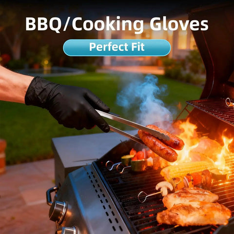 Nitrile Gloves Heavy Duty 6 Mil Disposable Black For Cooking XL used for grilling with tongs on a BBQ, showing durable protection