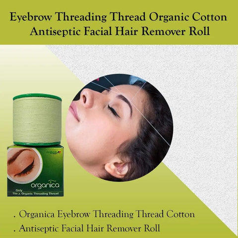 Organic Cotton Eyebrow Threading Thread 2 Spool Pack 300 M Each Green For Hair Removal On Upper Lip Chin Forehead Eyebrows Dermaplaning Tool By Organica with woman using thread nearby.