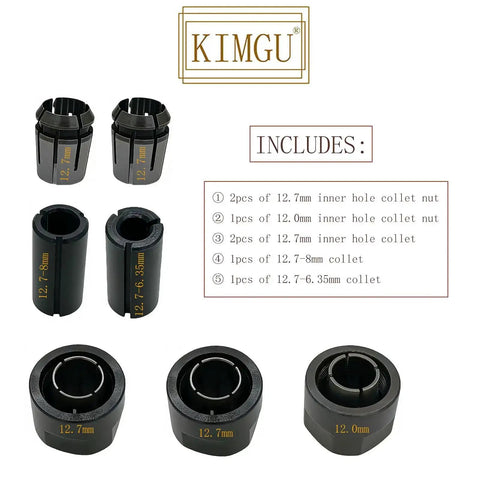 Half Inch Collet Nut Replacement Kit, 2 Pack, showing various sizes of drill chuck nuts and collets for 12V drills, fits 3612 series models.