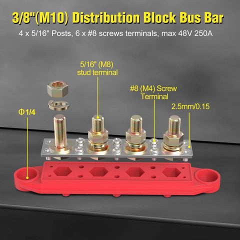 High Current Power Distribution Block Bus Bar For 48 Volt Systems, Four Five Sixteenths Inch Posts, Six Number Eight Screws, red base.