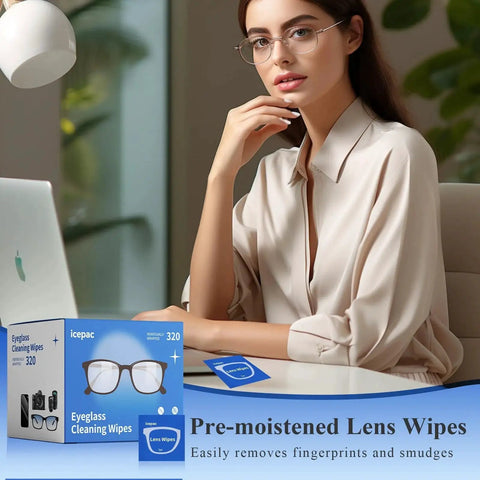 Woman using 320 Premoistened Cleaning Wipes for Glasses Screens and Cameras to clean eyeglasses at a desk