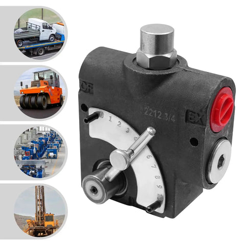 Hydraulic Adjustable Variable Flow Control Valve for log splitters, 3/4 NPT fittings, 0-30 GPM, 500-3000 PSI, vermicular graphite cast iron.