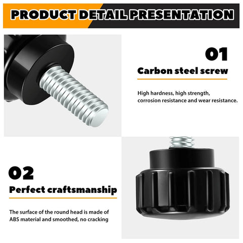 Close-up of Knurled Threaded Thumbscrews M4 X 10mm For Monitor Mounts Carbon Steel Black 10 Pack showing features.