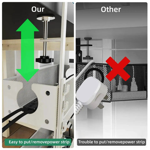 Comparison of Dual Pack Under Desk Cable Management Tray Set With Metal Clamp Mounts showing easy installation versus complex method