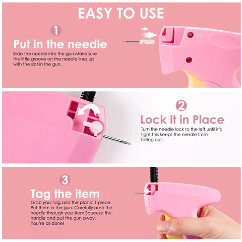 Instructions for using Handheld Stitch Gun For Quick Clothing Repairs, Mini Sewing Kit With Micro Tagging Gun, in pink details.