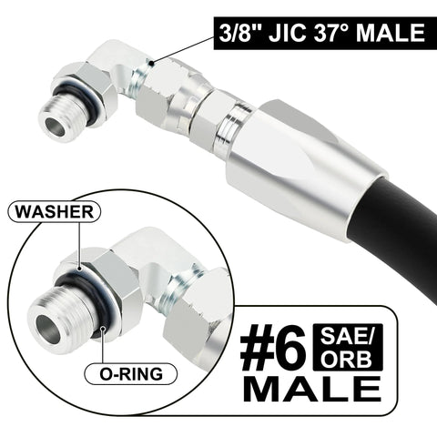 Hydraulic hose fitting, 90-degree elbow, 3/8 in JIC 37° male to #6 SAE/ORB male, chrome finish with washer and O-ring