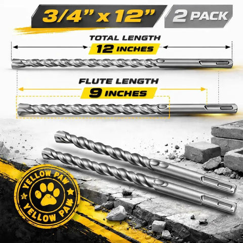 Three Quarter Inch SDS Plus Masonry Drill Bit Set For Concrete And Brick, 12 Inch Total Length, 2 Pack, shown with size details.