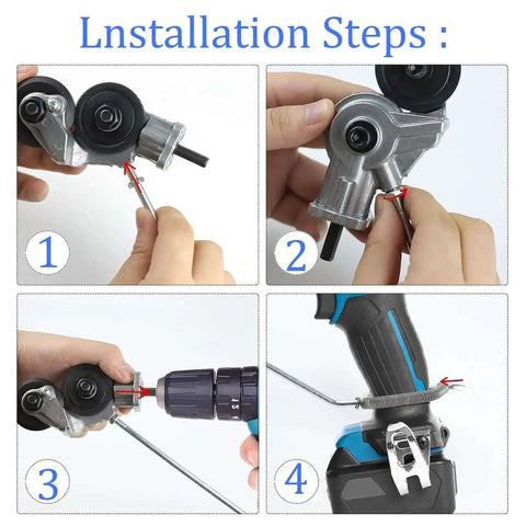 Step-by-step installation of Powerful Electric Drill Plate Cutter Attachment for DIY sheet metal cutting with adapter.