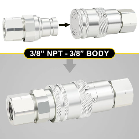 ANCIMOON 3/8 in NPT flat-face hydraulic quick-connect coupler with dust cap, chrome metal body, two-piece assembly