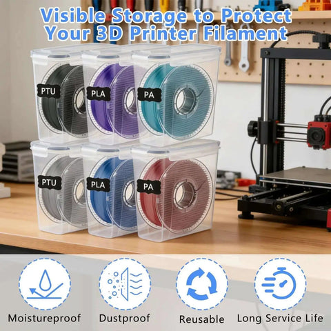 Six Pack 3D Printing Filament Storage Boxes With Thick Silicone Seal Dustproof Portable Organizer for 1.75mm spools displayed on table