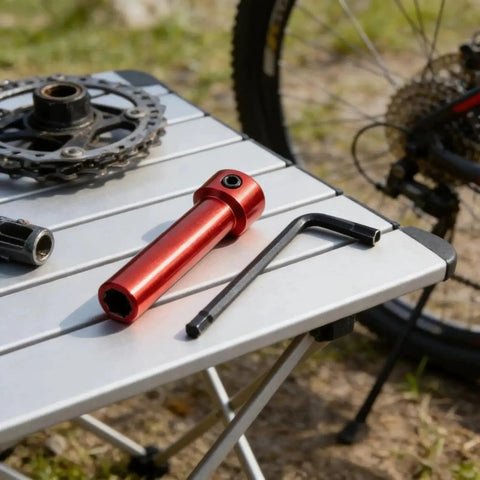 Multipurpose steel coupling sleeve with hex socket end; red metal body shown with an L-shaped Allen wrench on a portable table.
