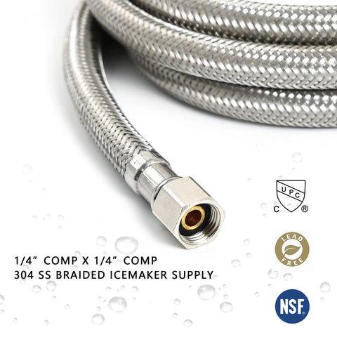 6 ft braided stainless steel ice maker water supply hose, 1/4 in compression connectors, Amazon brand.