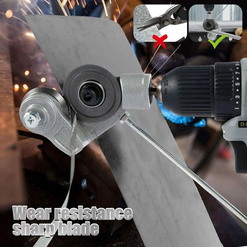 Close-up of Electric Drill Plate Cutter Shear Pro Attachment For Sheet Metal Cutting with sparks flying, highlight on tool install.