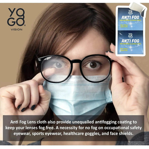 Woman wearing glasses and mask with Anti Fog Lens Wipes for Glasses and Face Shields pack visible