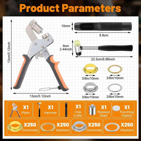 Heavy Duty Grommet Kit Three Eighths Inch 10mm Eyelets And Grommets Set with 500 gold eyelets, plier and install tools displayed