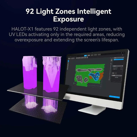 Halot X1 Combo Resin 3D Printer With 16K Mono LCD demonstrating intelligent exposure with 92 light zones, shown with digital model display on monitor